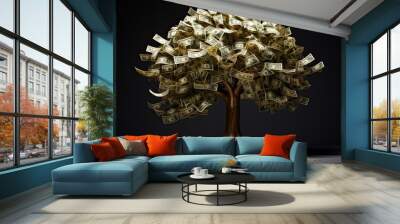 Money growing on a tree illustration, tree with leaves made from dollar bills, black background Wall mural