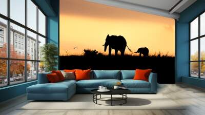 Silhouettes of two elephants at sunset; Murchison Falls National park, Uganda Wall mural