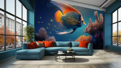 Tropical fish swimming underwater, exotic colorful fish in the coral reef, generative ai Wall mural