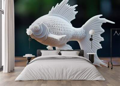 White 3d printed plastic filament fish figurine on a wooden table with black background, studio shot Wall mural