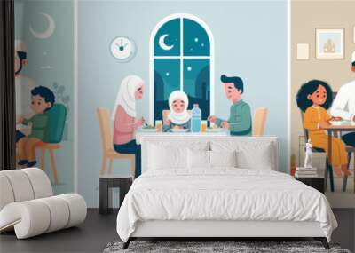  vector set of Muslim family eating in flat design style Wall mural