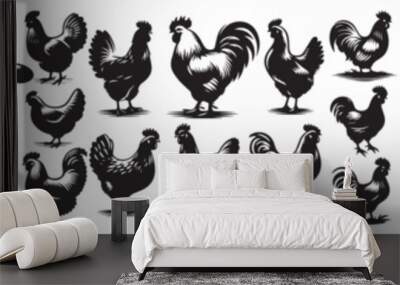 vector set of chickens with a simple silhouette style Wall mural