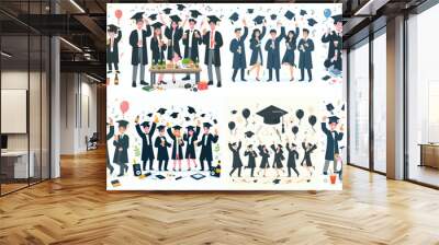 vector set of graduates celebrating graduation with a simple and minimalist flat design style. white background Wall mural