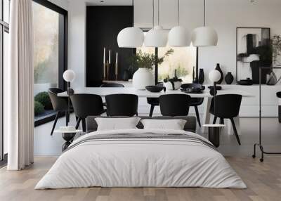  A dining room showcasing understated elegance and modern design. The focal point is a matte white dining table, complemented by black wood chairs, each featuring a smooth matte finish. A pendant ligh Wall mural