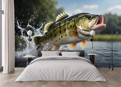  A Largemouth Bass Jumping Out of Water. This image should depict a realistic scene of a largemouth bass fish leaping out of the water with splashing droplets surrounding it. The background should be  Wall mural