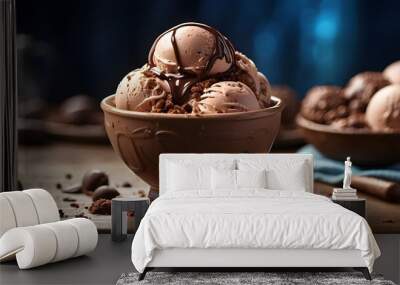 A photorealistic representation of a bowl filled with rich and creamy chocolate ice cream. The ice cream exhibits a smooth texture with visible swirls of chocolate sauce, topped with a sprinkle of fin Wall mural