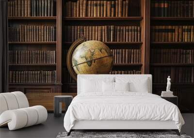 A vintage globe on a table in front of a wall of bookshelves filled with leather-bound books. Wall mural