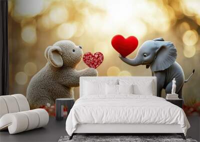 Bear and elephant holding red hearts in celebration of Valentine's Day, capturing the joy and love of the holiday. Wall mural