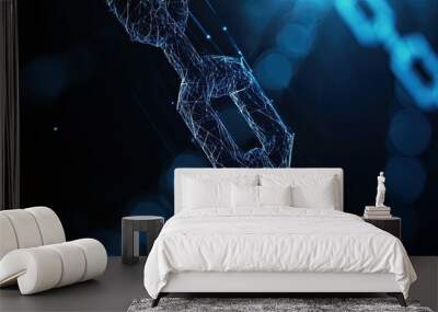 Blockchain technology with a glowing low-polygonal style on a dark background Wall mural