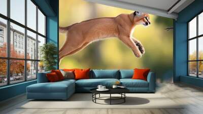 Caracal leaps through the air to catch a bird, demonstrating agility and precision in wildlife. Wall mural