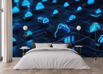 Cloud Computing and AI Concept with Multiple Blue 3D Icons: Digital Transformation Theme Featuring Blue 3D Icons Representing Cloud Computing and AI Wall mural