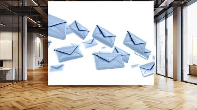 Email marketing concept showing company sending multiple e-mails or digital newsletters to customers, isolated on a white background with a focus on digital communication. Wall mural