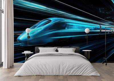 Futuristic Sleek Train with Blue Accents: Represents high-speed rail transport with a sleek, modern train featuring blue accents, highlighting futuristic design. Wall mural