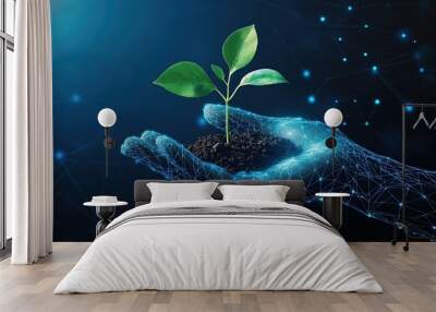 Hand holding young plant in soil, rendered in low-poly style with blue geometric background, featuring wireframe light structure for environmental themes. Wall mural