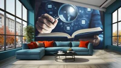 Searching for Information: Businessman Using Magnifying Glass with Folder Icon and Opened Book for Learning and Analyzing Data Wall mural