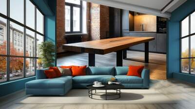 Sleek Industrial Style Wooden Table with Metal Base in Modern Loft Apartment Interior: Modern Loft Featuring Stylish Wooden Table with Metal Base and Contemporary Design. Wall mural