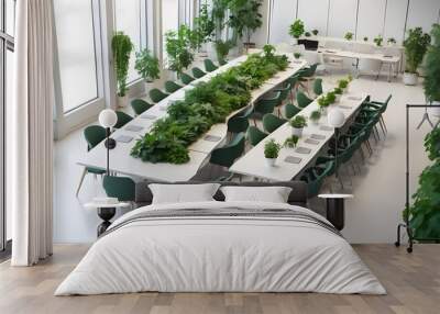 Top view of an office meeting concept using generative artificial intelligence, with a long table, chairs, and green plants against a light background. Wall mural