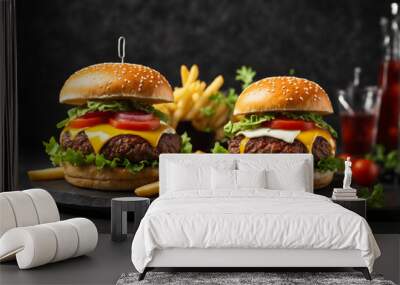 Two tasty cheeseburgers with french fries on dark background, closeup. AI-Generated Wall mural