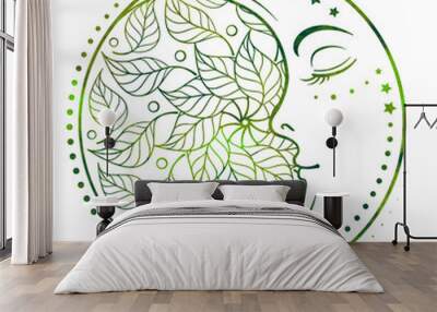 Cresent moon motif with a green leaves decoration. Colorful vector illustration. Wall mural