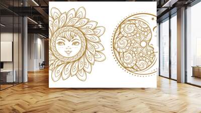 Ethnic sun and moon symbols. Vector illustrations set. Wall mural