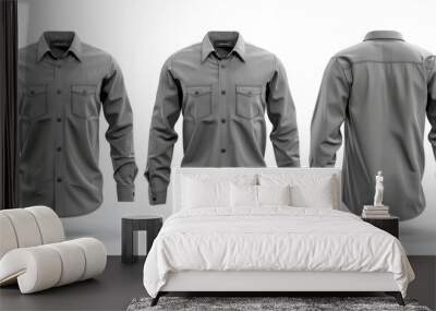 2 Set of grey gray button up long sleeve collar shirt front, back and side  Wall mural