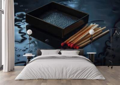 A black matchbox with matches on a wet surface, reflecting light and water droplets. Wall mural