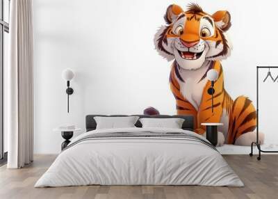 A cartoon tiger sitting down, smiling and looking towards the camera. Wall mural