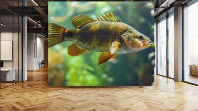 A close-up of a fish with a green and gold body, swimming in a shallow water with a blurry background of green plants. Wall mural