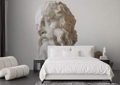 A close-up of a marble bust of a man with a long beard and flowing hair, captured in soft light against a plain white backdrop. Wall mural