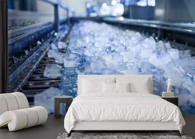 A close-up view of an ice-making machine with ice cubes moving down a conveyor belt. Wall mural