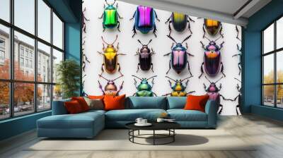 A collection of 16 preserved beetles with iridescent shells, arranged in rows of four on a white background. Wall mural