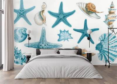 A collection of seashells and starfish isolated on a white background. Wall mural