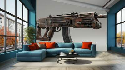 A futuristic assault rifle with a brown and black camouflage pattern. Wall mural