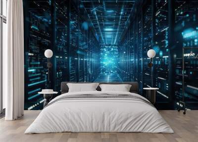 A futuristic hallway with glowing servers and a glowing network connection in the distance. Wall mural