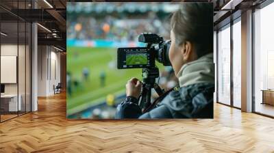 A person films a game on a large green field with a crowd in the background, they are using a professional camera and tripod. Wall mural