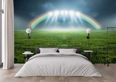 A rainbow appears over a grassy field illuminated by stadium lights, creating a mystical and magical scene. Wall mural