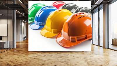 A row of colorful hard hats in different colors against a white background. Wall mural