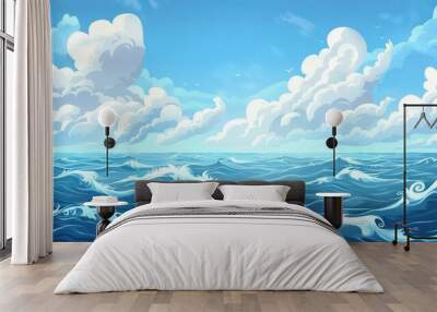 A tranquil ocean scene with soft, white clouds against a bright blue sky. Wall mural