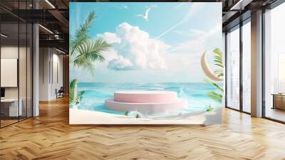 A white podium with two steps sits on a white sandy beach with blue water and palm trees, a white crescent moon is in the background. Wall mural