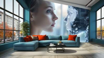 A woman looks at a robotic head with a thoughtful expression, a concept image of human and artificial intelligence, AI. Wall mural