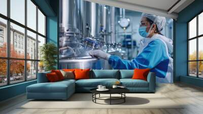 A worker wearing a blue lab coat, a face mask, and gloves opens a valve on a large stainless steel tank in a clean room. Wall mural