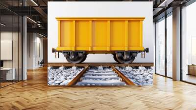 A yellow passenger train car on a black railway track isolated on a white background. Wall mural