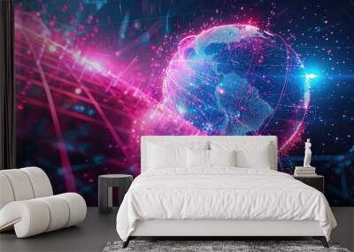 Abstract digital globe with a network of lines and glowing dots on a dark background. Wall mural