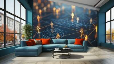 Abstract network of connected people, glowing yellow figures on black background. Wall mural