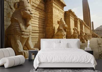 Ancient Egyptian Sphinx statues in front of a temple with hieroglyphs. Wall mural