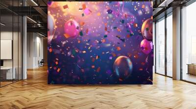 Celebration with balloons and confetti floating in the air with bokeh lights against a dark blue background. Wall mural