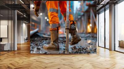 Close-up of a construction worker's muddy boot and a metal rod on a construction site. Wall mural