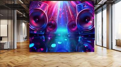 Close up of multiple audio speakers with glowing light behind them. Wall mural