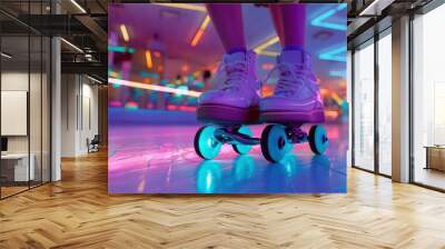 Closeup of a woman's feet in white roller skates on a neon-lit roller rink. Wall mural