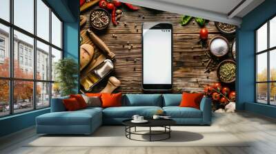 Food delivery, Italian food, food recipes app concept. Smartphone and cooking ingredients, spices on wooden table. Blank cell phone screen mockup  Wall mural